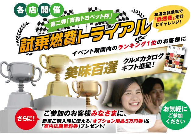 各店開催 第二弾「青森トヨペット杯」試乗燃費トライアル：お店の試乗車で「低燃費」走行にチャレンジ！イベント期間内のランキング1位のお客様に美味百選グルメカタログギフト進呈！さらに！ご参加のお客様みなさまに、新車ご購入時に使える「オプション用品5万円券」＆「室内抗菌無料券」プレゼント！お気軽にご参加ください